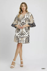 Umgee Abstract Print Kimono Sleeve Mini Dress GREY / S